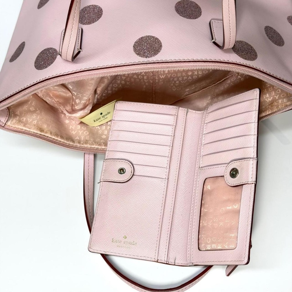 Kate Spade Pink Glitter Polka Dot Tote Bag and Wallet Set Saffiano Leather - Picture 2 of 7